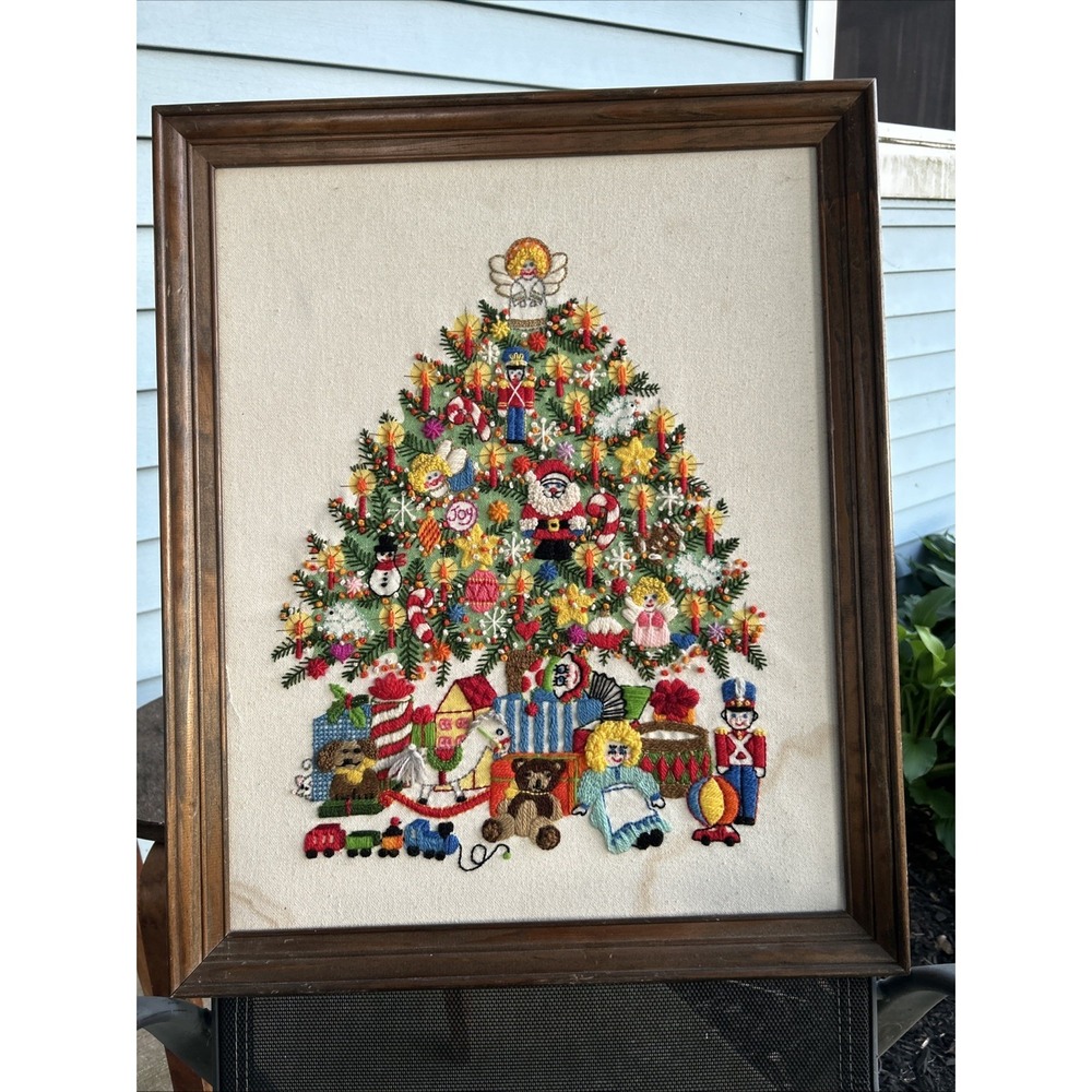 1978 Finished & Framed "Christmas Tree Fantasy" Christmas Sunset Stitchery 16x20
